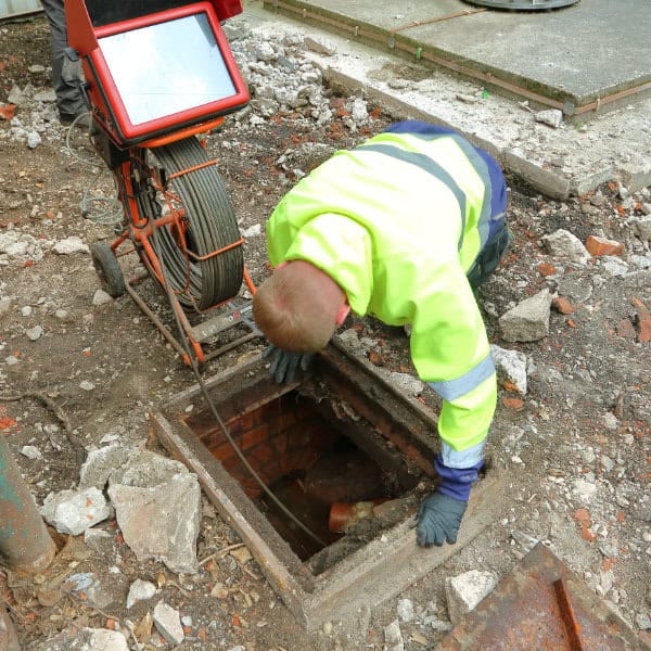 A professional drain unblocker working on a blocked manhole